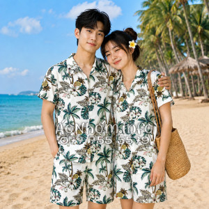 Bộ Áo Quần Nhóm Đi Biển Thơm Dứa Cây Dừa Hoa Sứ Trắng Tropical
