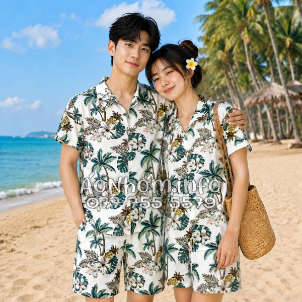 Bộ Áo Quần Nhóm Đi Biển Thơm Dứa Cây Dừa Hoa Sứ Trắng Tropical
