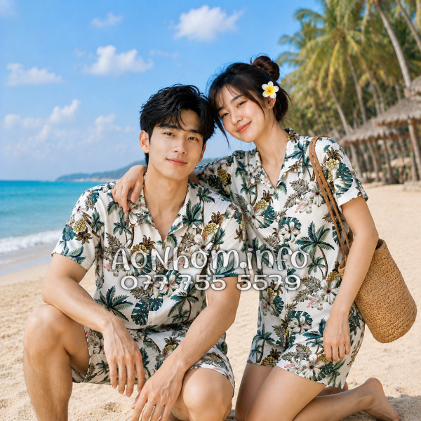 Bộ Áo Quần Nhóm Đi Biển Thơm Dứa Cây Dừa Hoa Sứ Trắng Tropical