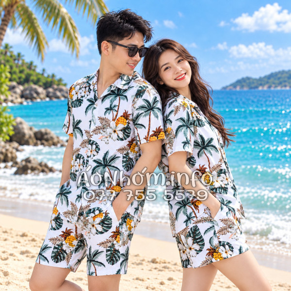 Bộ Áo Quần Nhóm Đi Biển Thơm Dứa Cây Dừa Hoa Sứ Trắng Tropical
