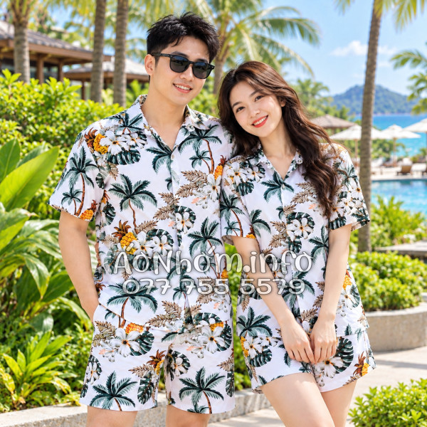 Bộ Áo Quần Nhóm Đi Biển Thơm Dứa Cây Dừa Hoa Sứ Trắng Tropical