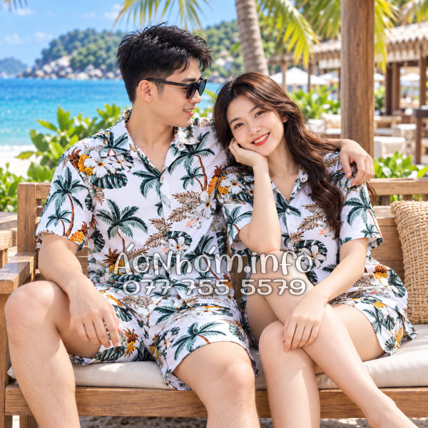 Bộ Áo Quần Nhóm Đi Biển Thơm Dứa Cây Dừa Hoa Sứ Trắng Tropical