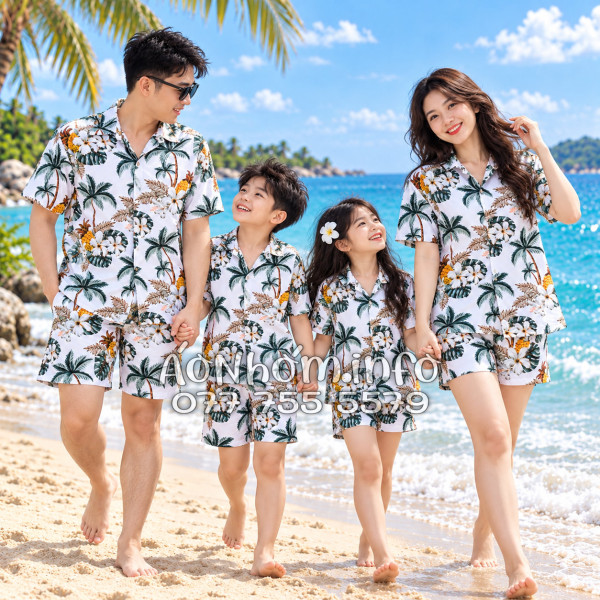Bộ Áo Quần Nhóm Đi Biển Thơm Dứa Cây Dừa Hoa Sứ Trắng Tropical