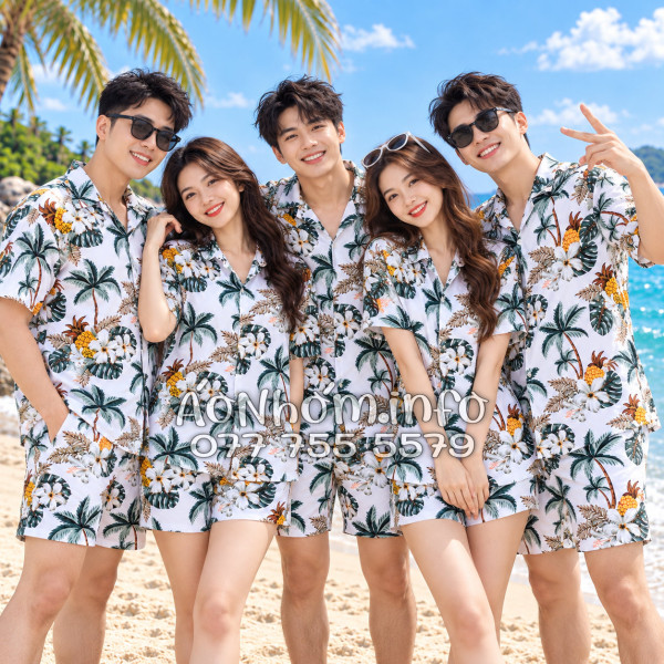 Bộ Áo Quần Nhóm Đi Biển Thơm Dứa Cây Dừa Hoa Sứ Trắng Tropical
