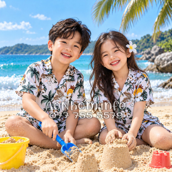 Bộ Áo Quần Nhóm Đi Biển Thơm Dứa Cây Dừa Hoa Sứ Trắng Tropical