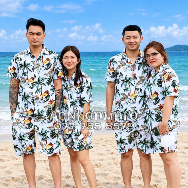 Bộ Áo Quần Nhóm Đi Biển Thơm Dứa Cây Dừa Hoa Sứ Trắng Tropical