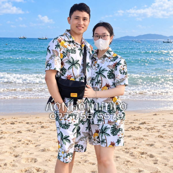 Bộ Áo Quần Nhóm Đi Biển Thơm Dứa Cây Dừa Hoa Sứ Trắng Tropical
