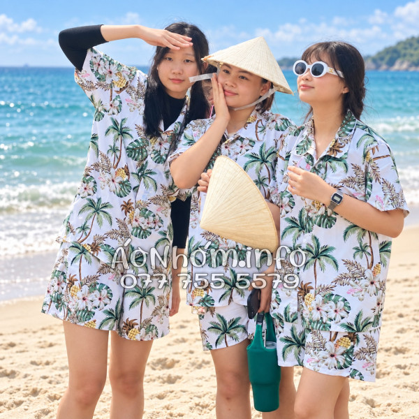 Bộ Áo Quần Nhóm Đi Biển Thơm Dứa Cây Dừa Hoa Sứ Trắng Tropical