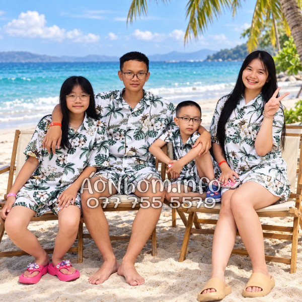 Bộ Áo Quần Nhóm Đi Biển Thơm Dứa Cây Dừa Hoa Sứ Trắng Tropical