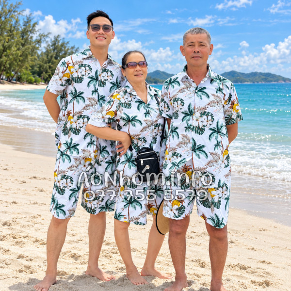 Bộ Áo Quần Nhóm Đi Biển Thơm Dứa Cây Dừa Hoa Sứ Trắng Tropical