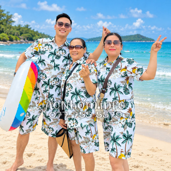 Bộ Áo Quần Nhóm Đi Biển Thơm Dứa Cây Dừa Hoa Sứ Trắng Tropical
