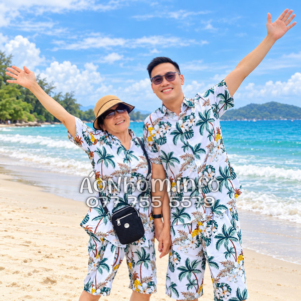 Bộ Áo Quần Nhóm Đi Biển Thơm Dứa Cây Dừa Hoa Sứ Trắng Tropical