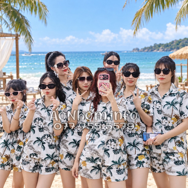 Bộ Áo Quần Nhóm Đi Biển Thơm Dứa Cây Dừa Hoa Sứ Trắng Tropical