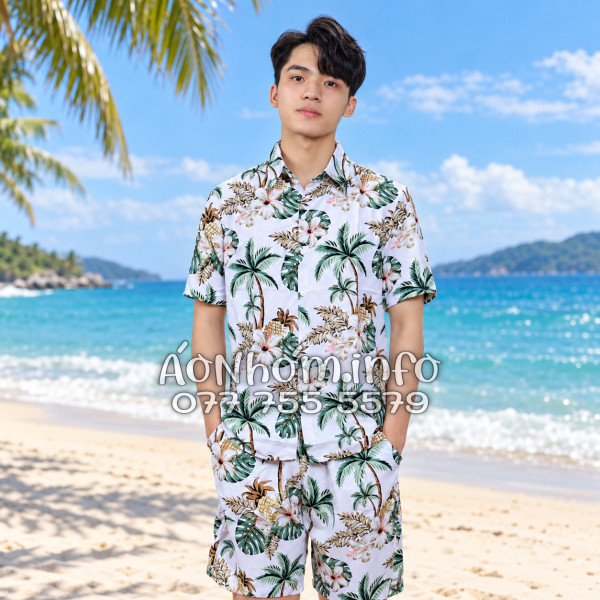 Bộ Áo Quần Nhóm Đi Biển Thơm Dứa Cây Dừa Hoa Sứ Trắng Tropical