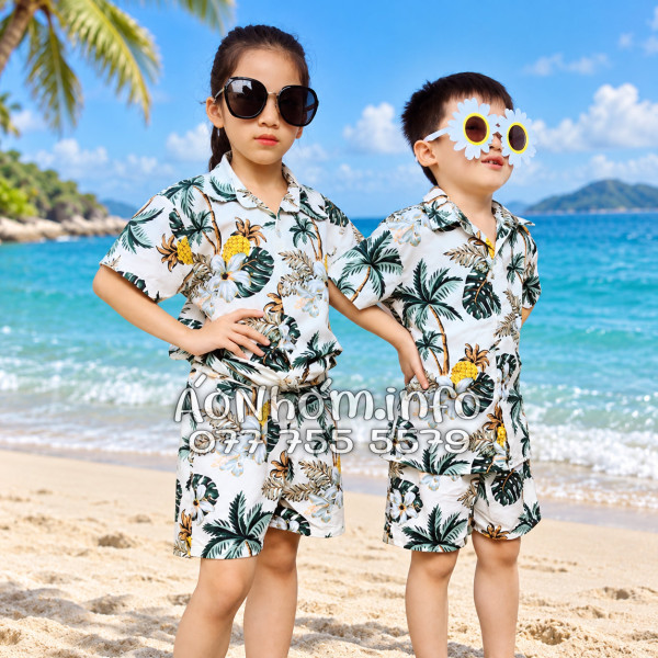 Bộ Áo Quần Nhóm Đi Biển Thơm Dứa Cây Dừa Hoa Sứ Trắng Tropical
