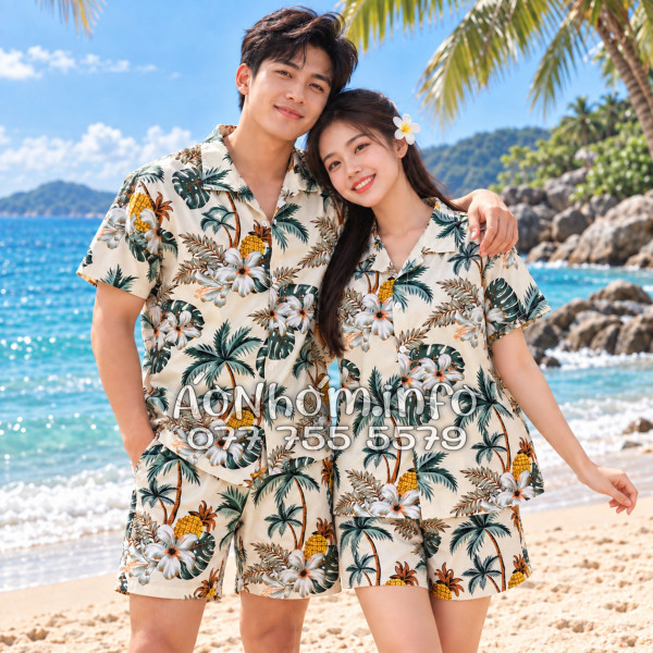 Bộ Áo Quần Nhóm Đi Biển Thơm Dứa Cây Dừa Hoa Sứ Màu Kem Nhạt Tropical