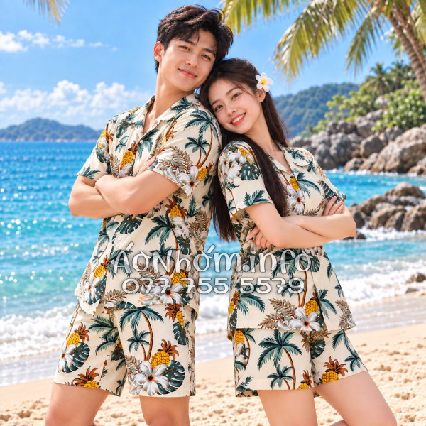 Bộ Áo Quần Nhóm Đi Biển Thơm Dứa Cây Dừa Hoa Sứ Màu Kem Nhạt Tropical