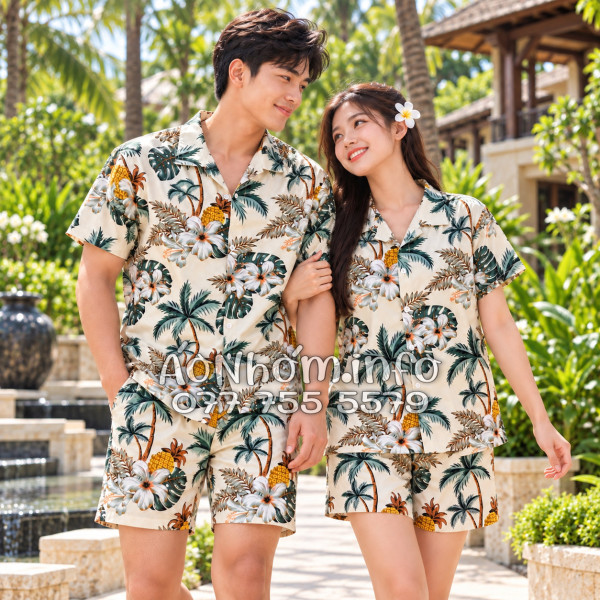 Bộ Áo Quần Nhóm Đi Biển Thơm Dứa Cây Dừa Hoa Sứ Màu Kem Nhạt Tropical