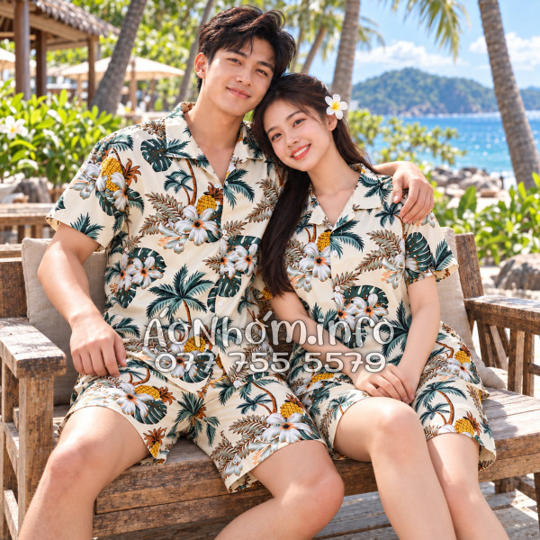 Bộ Áo Quần Nhóm Đi Biển Thơm Dứa Cây Dừa Hoa Sứ Màu Kem Nhạt Tropical