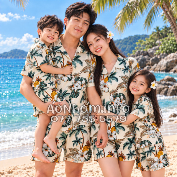 Bộ Áo Quần Nhóm Đi Biển Thơm Dứa Cây Dừa Hoa Sứ Màu Kem Nhạt Tropical