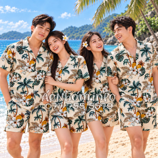 Bộ Áo Quần Nhóm Đi Biển Thơm Dứa Cây Dừa Hoa Sứ Màu Kem Nhạt Tropical
