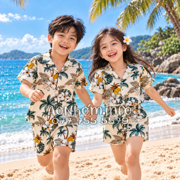 Bộ Áo Quần Nhóm Đi Biển Thơm Dứa Cây Dừa Hoa Sứ Màu Kem Nhạt Tropical
