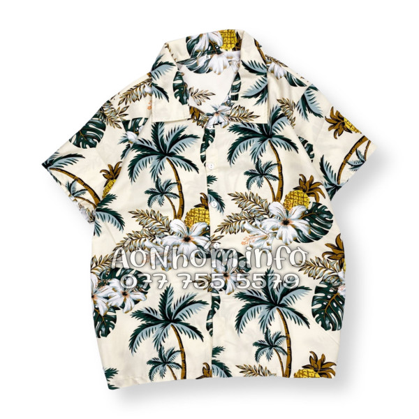 Bộ Áo Quần Nhóm Đi Biển Thơm Dứa Cây Dừa Hoa Sứ Màu Kem Nhạt Tropical