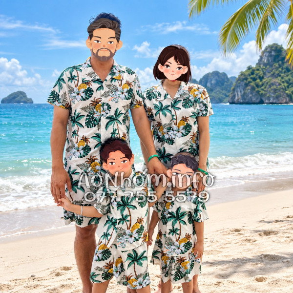 Bộ Áo Quần Nhóm Đi Biển Thơm Dứa Cây Dừa Hoa Sứ Màu Kem Nhạt Tropical
