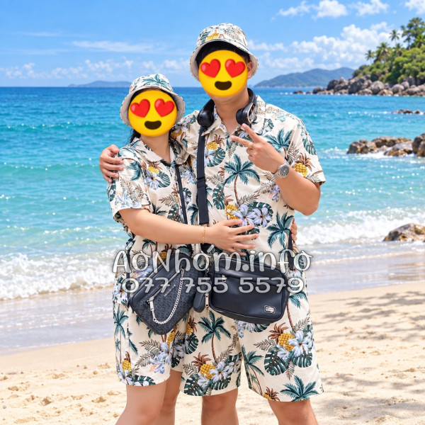 Bộ Áo Quần Nhóm Đi Biển Thơm Dứa Cây Dừa Hoa Sứ Màu Kem Nhạt Tropical