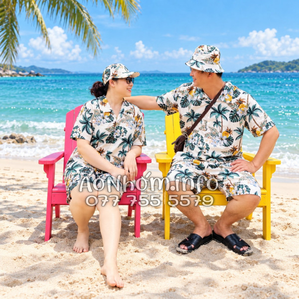 Bộ Áo Quần Nhóm Đi Biển Thơm Dứa Cây Dừa Hoa Sứ Màu Kem Nhạt Tropical