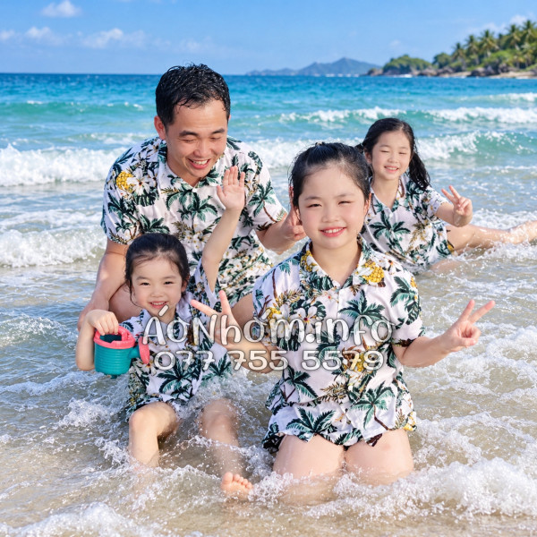 Bộ Áo Quần Nhóm Đi Biển Thơm Dứa Cây Dừa Hoa Sứ Màu Kem Nhạt Tropical