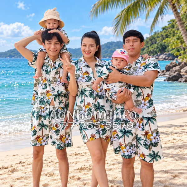 Bộ Áo Quần Nhóm Đi Biển Thơm Dứa Cây Dừa Hoa Sứ Màu Kem Nhạt Tropical