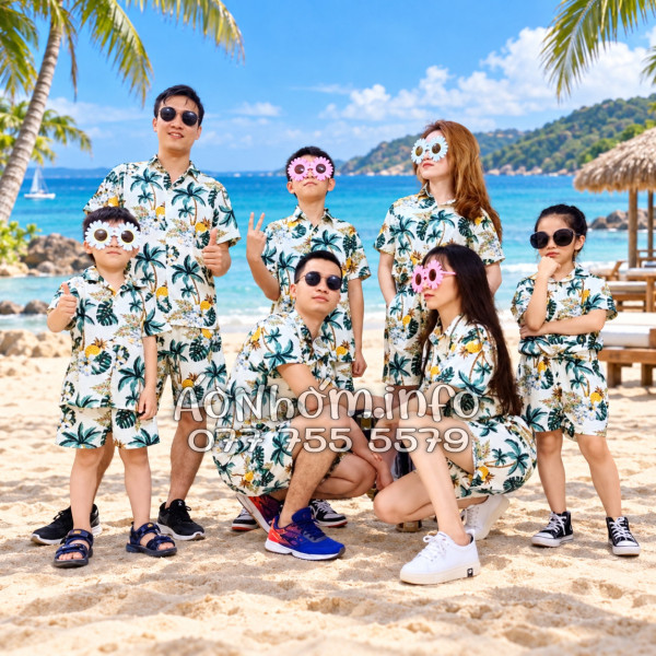 Bộ Áo Quần Nhóm Đi Biển Thơm Dứa Cây Dừa Hoa Sứ Màu Kem Nhạt Tropical