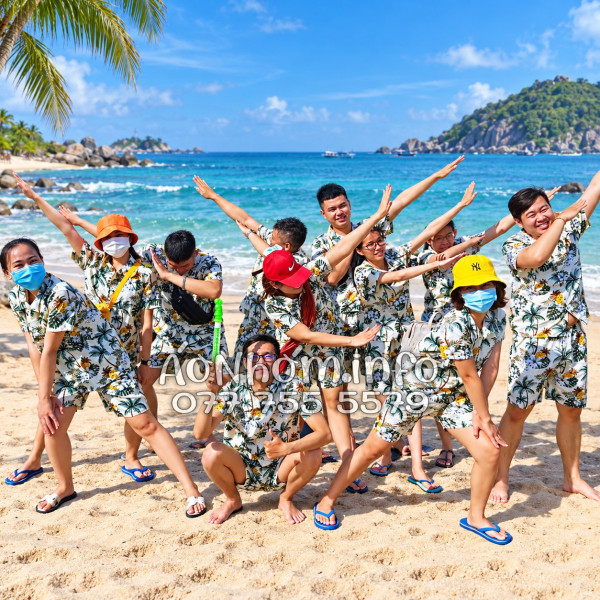 Bộ Áo Quần Nhóm Đi Biển Thơm Dứa Cây Dừa Hoa Sứ Màu Kem Nhạt Tropical