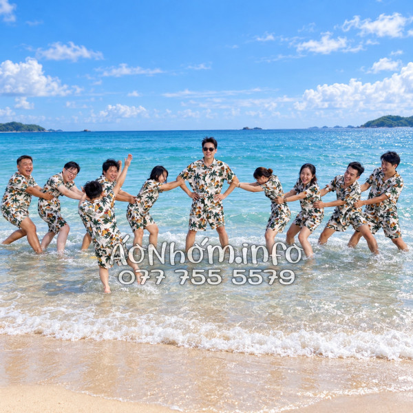 Bộ Áo Quần Nhóm Đi Biển Thơm Dứa Cây Dừa Hoa Sứ Màu Kem Nhạt Tropical