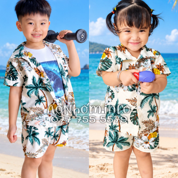Bộ Áo Quần Nhóm Đi Biển Thơm Dứa Cây Dừa Hoa Sứ Màu Kem Nhạt Tropical