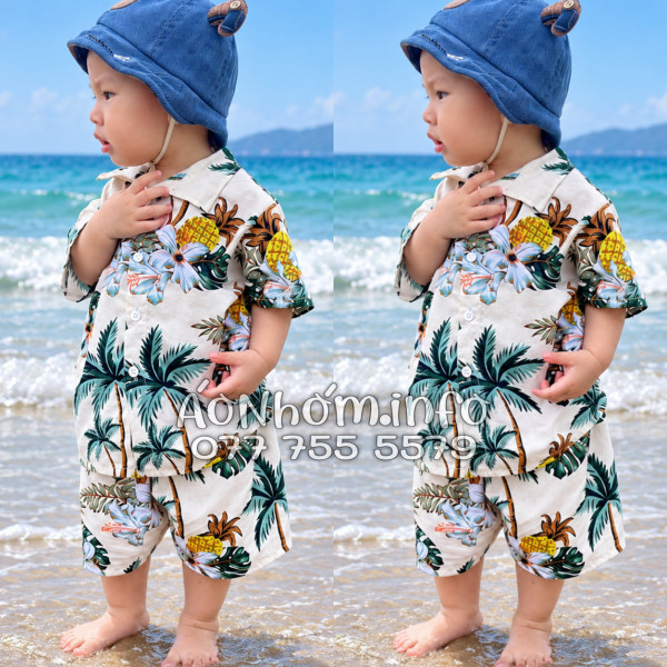 Bộ Áo Quần Nhóm Đi Biển Thơm Dứa Cây Dừa Hoa Sứ Màu Kem Nhạt Tropical