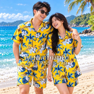 Bộ Áo Sơ Mi Quần Short Đi Biển Họa Tiết Thơm Dứa Cây Dừa Hoa Sứ Vàng Nam Nữ