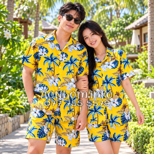 Bộ Áo Sơ Mi Quần Short Đi Biển Họa Tiết Thơm Dứa Cây Dừa Hoa Sứ Vàng Nam Nữ