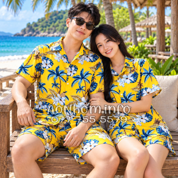 Bộ Áo Sơ Mi Quần Short Đi Biển Họa Tiết Thơm Dứa Cây Dừa Hoa Sứ Vàng Nam Nữ