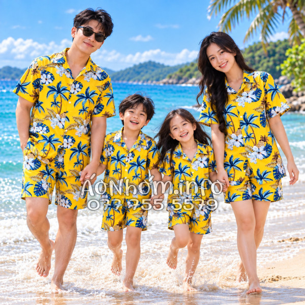 Bộ Áo Sơ Mi Quần Short Đi Biển Họa Tiết Thơm Dứa Cây Dừa Hoa Sứ Vàng Nam Nữ