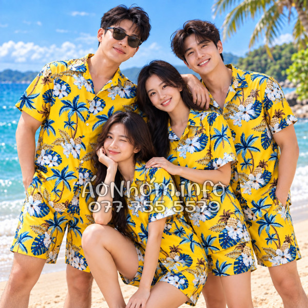 Bộ Áo Sơ Mi Quần Short Đi Biển Họa Tiết Thơm Dứa Cây Dừa Hoa Sứ Vàng Nam Nữ