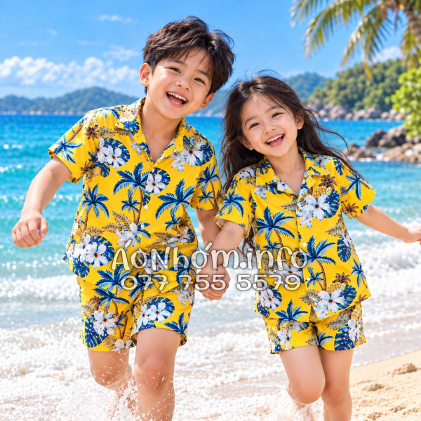 Bộ Áo Sơ Mi Quần Short Đi Biển Họa Tiết Thơm Dứa Cây Dừa Hoa Sứ Vàng Nam Nữ