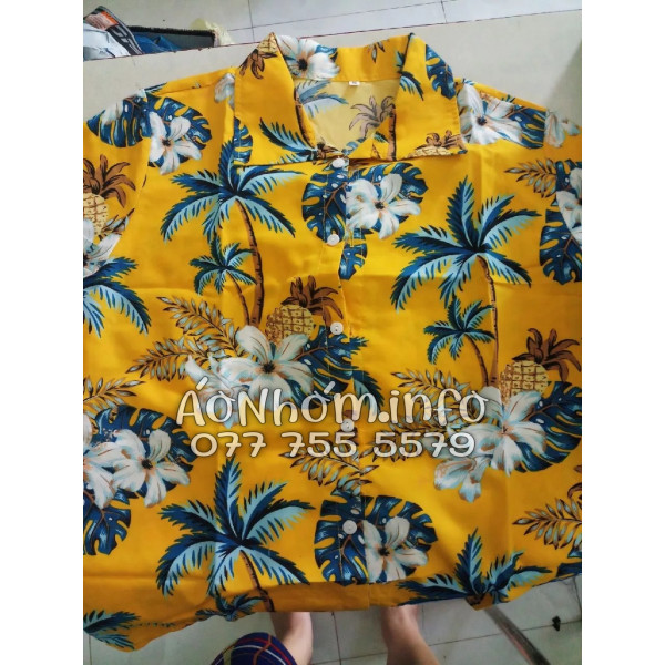 Bộ Áo Sơ Mi Quần Short Đi Biển Họa Tiết Thơm Dứa Cây Dừa Hoa Sứ Vàng Nam Nữ