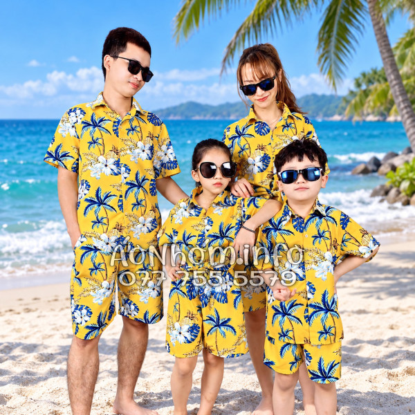 Bộ Áo Sơ Mi Quần Short Đi Biển Họa Tiết Thơm Dứa Cây Dừa Hoa Sứ Vàng Nam Nữ