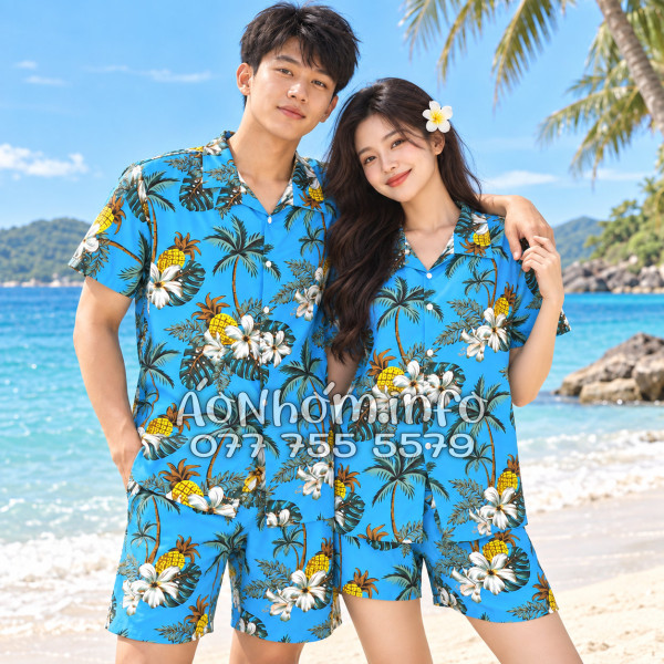 Bộ Áo Quần Nhóm Đi Biển Thơm Dứa Cây Dừa Hoa Sứ Xanh Tropical