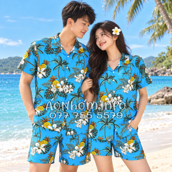Bộ Áo Quần Nhóm Đi Biển Thơm Dứa Cây Dừa Hoa Sứ Xanh Tropical