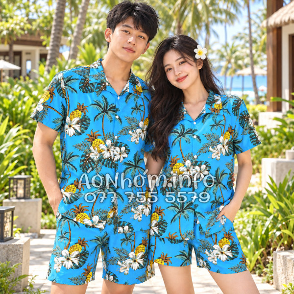 Bộ Áo Quần Nhóm Đi Biển Thơm Dứa Cây Dừa Hoa Sứ Xanh Tropical