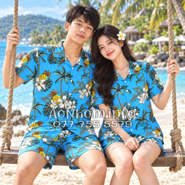 Bộ Áo Quần Nhóm Đi Biển Thơm Dứa Cây Dừa Hoa Sứ Xanh Tropical