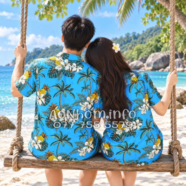 Bộ Áo Quần Nhóm Đi Biển Thơm Dứa Cây Dừa Hoa Sứ Xanh Tropical